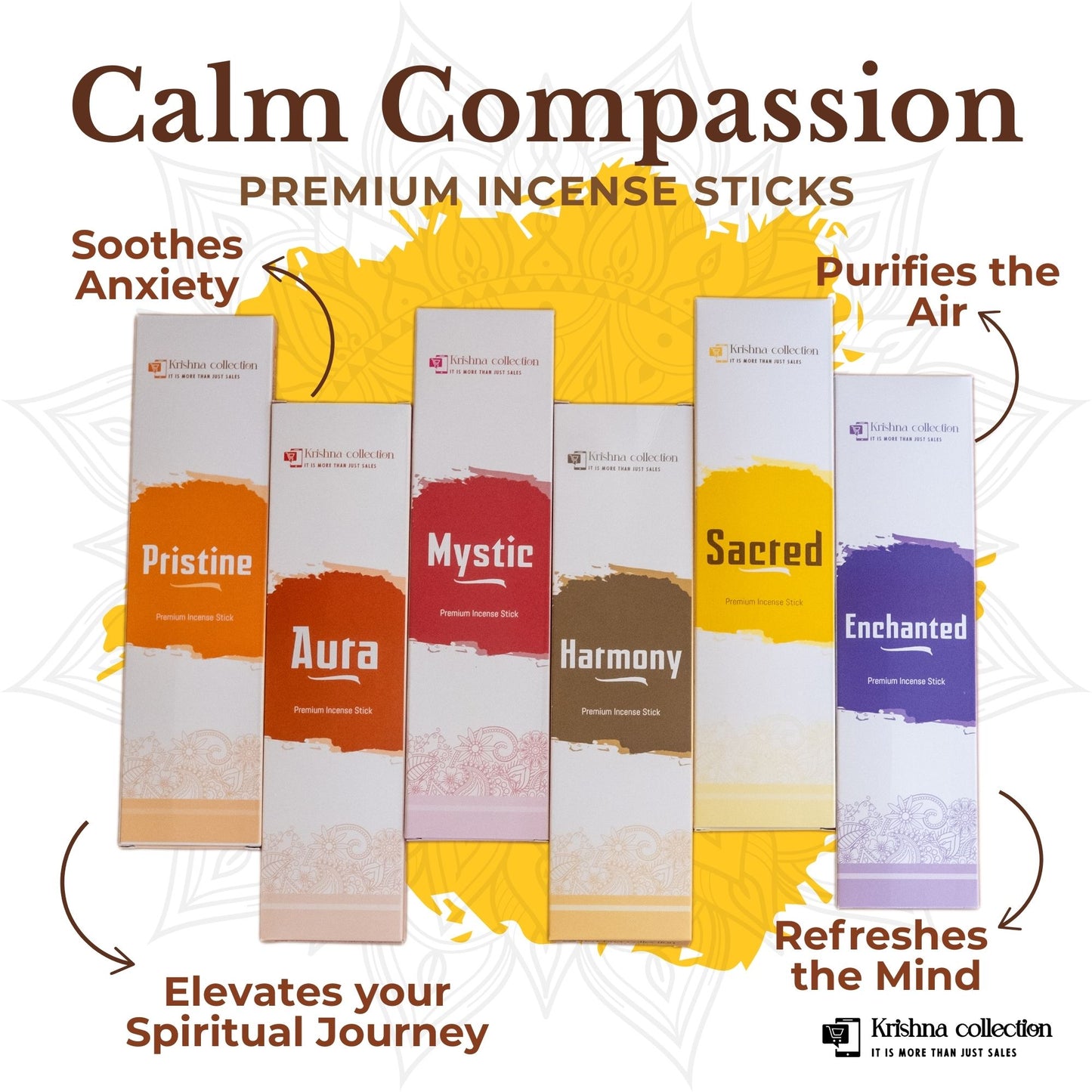 Krishna Collection – Calm Compassion Premium Incense Sticks – Odor Elimination, Long-Lasting Aroma for Spiritual Ambiance, Meditation & Relaxation