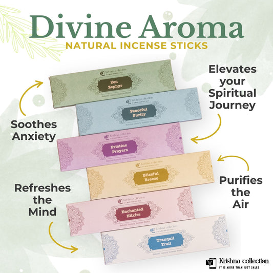 Divine Aroma Natural Incense Sticks Multipack with 6 Flavours, Charcoal Free, Non toxic Incense Stick, Made from Flowers, Herbs, Spices, Resin (108 pcs)