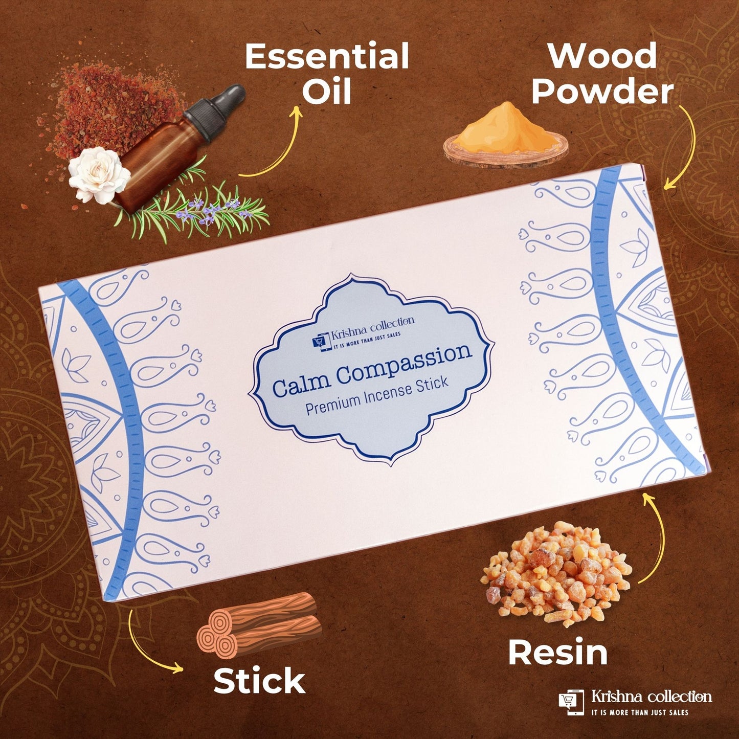 Krishna Collection – Calm Compassion Premium Incense Sticks – Odor Elimination, Long-Lasting Aroma for Spiritual Ambiance, Meditation & Relaxation