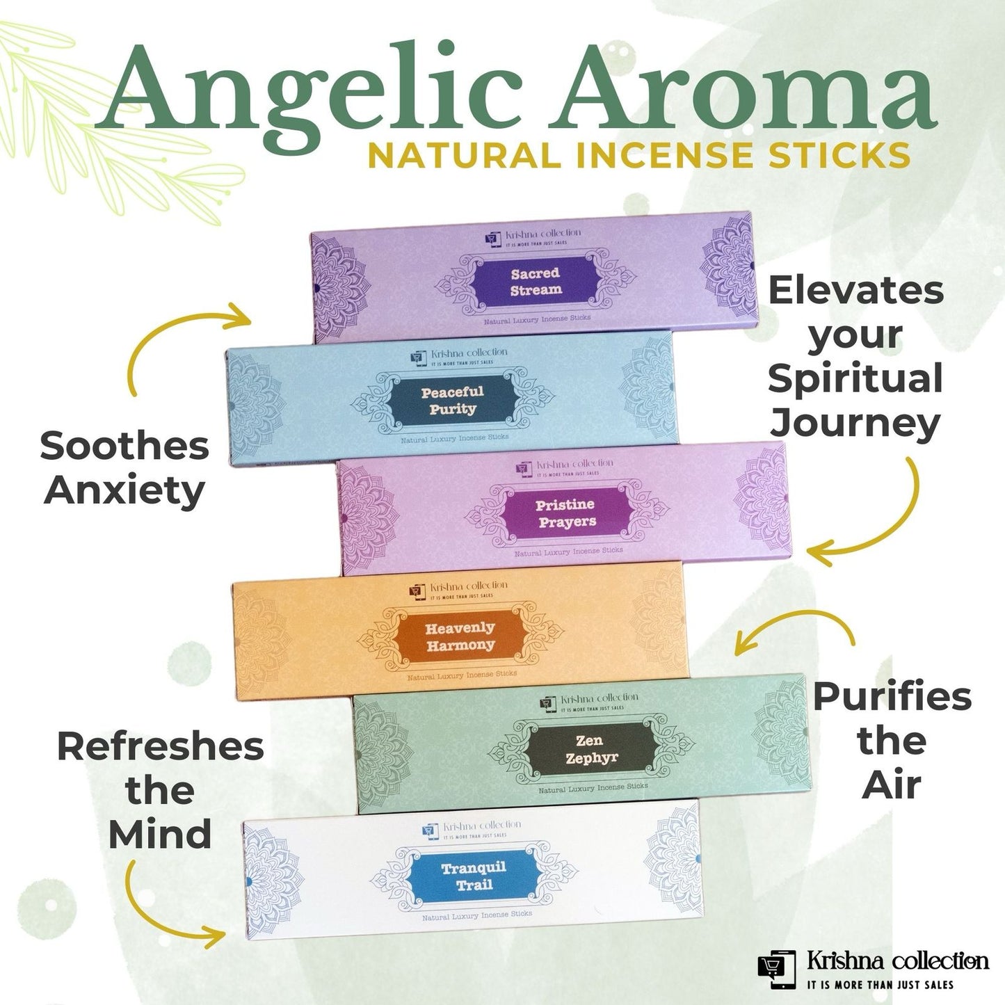 Angelic Aroma Natural Incense Sticks Multipack with 6 Flavours, Charcoal Free, Non toxic Incense Stick, Made from Flowers, Herbs, Spices, Resin (108 pcs)