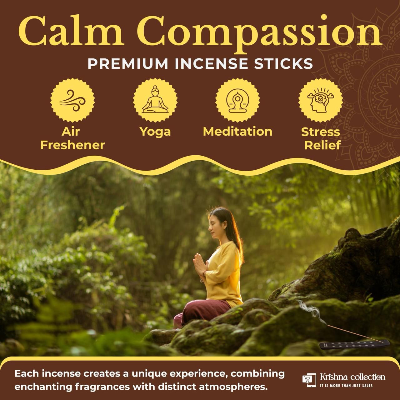 Krishna Collection – Calm Compassion Premium Incense Sticks – Odor Elimination, Long-Lasting Aroma for Spiritual Ambiance, Meditation & Relaxation